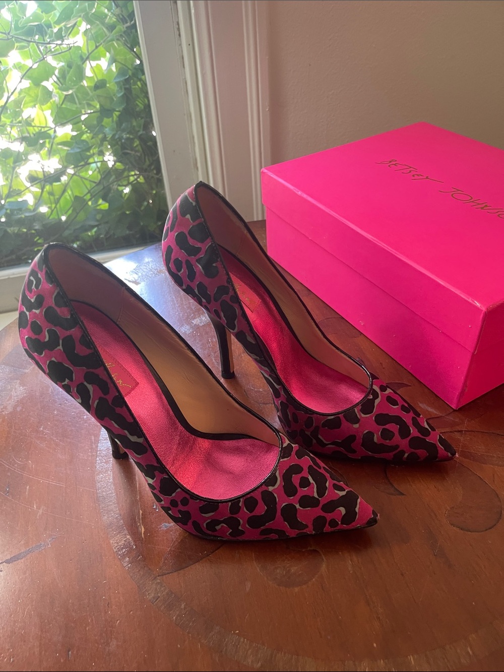 Betsey Johnson Hot Pink and Black Leopard Pointed-Toe Stiletto Heels